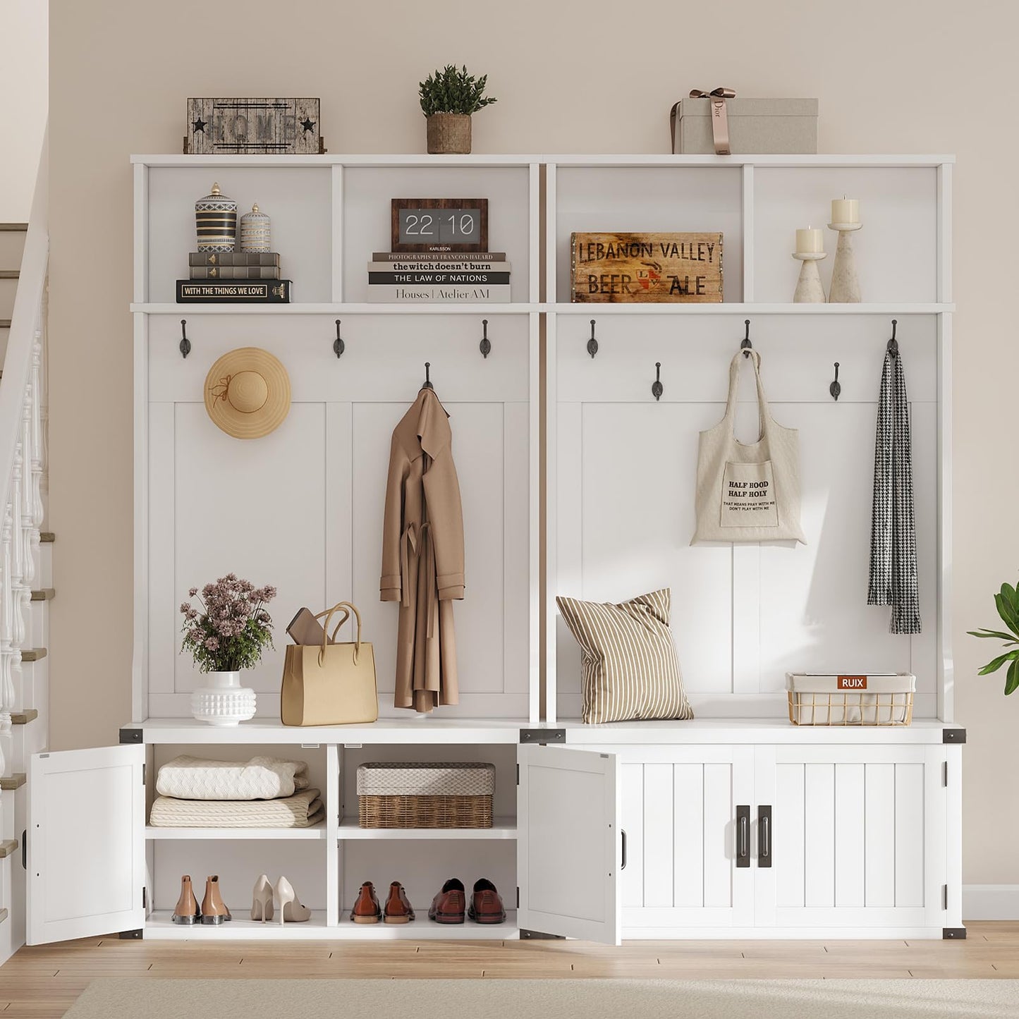 IDEALHOUSE 76" Hall Tree with Bench and Shoe Storage, Farmhouse 4-in-1 Entryway with Coat Rack & 5 Tri-Hooks, Adjustable Shelf, White Mudroom Bench with Storage Seating, Space Saving, White