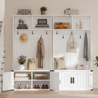 IDEALHOUSE 76" Hall Tree with Bench and Shoe Storage, Farmhouse 4-in-1 Entryway with Coat Rack & 5 Tri-Hooks, Adjustable Shelf, White Mudroom Bench with Storage Seating, Space Saving, White