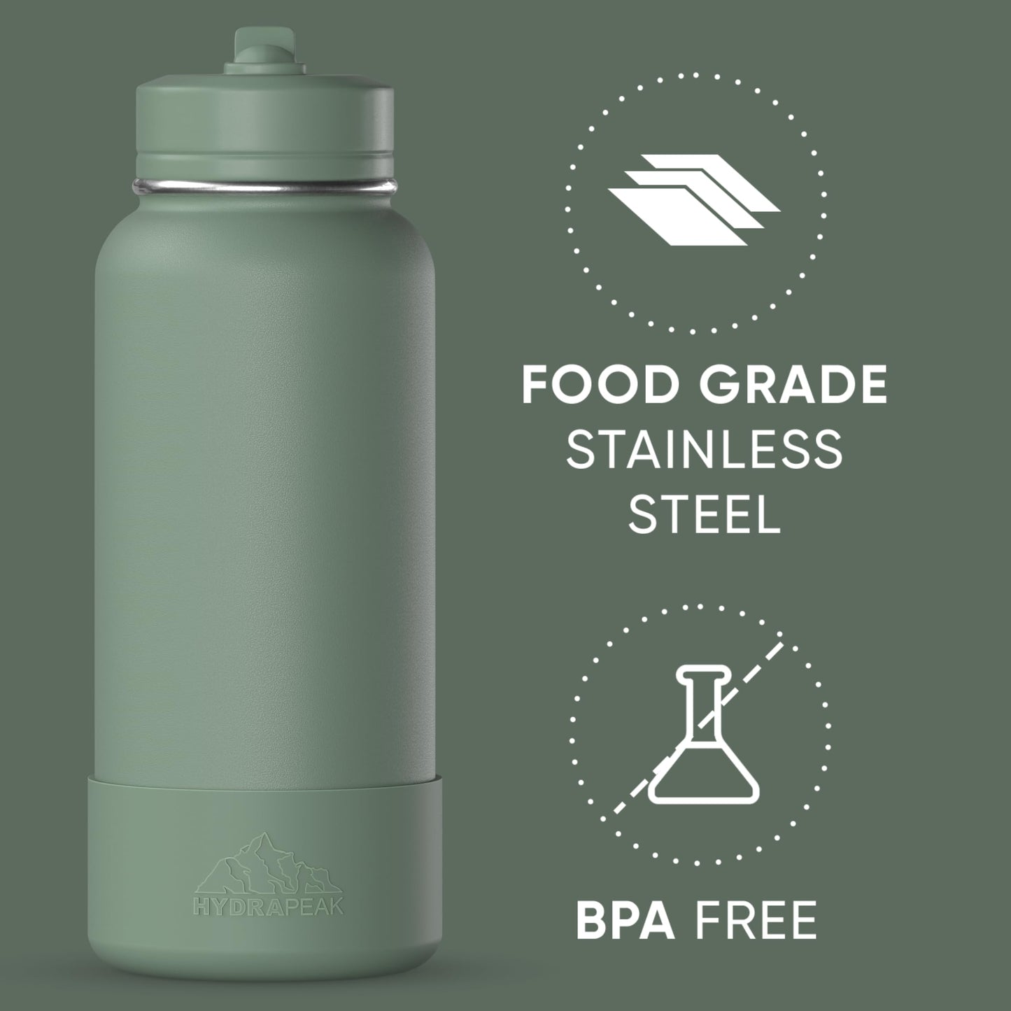 Hydrapeak 32oz Sport Insulated Water Bottle with Straw & Chug Lid, Leak & Spill Proof, Keeps Drinks Cold for 24 Hours, Hot for 12 Hours, Premium Stainless Steel Water Bottles (32oz, Sage Leaf)
