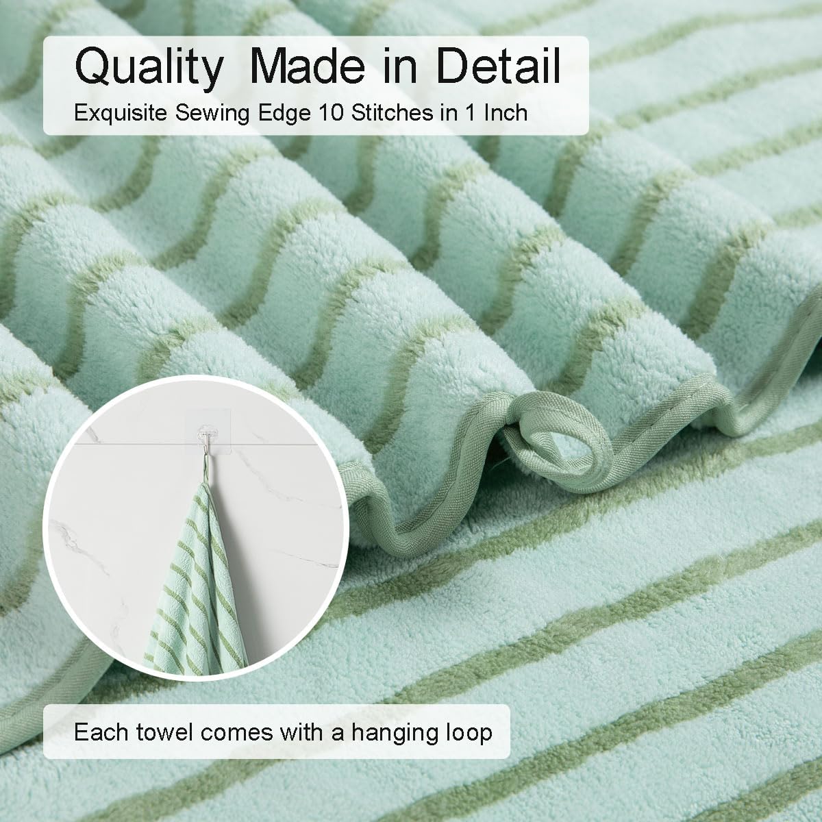 8 Set Sheet-2 Towels,2 Towels,4 Oliven Pcs Green Cabana Stripe Large Bath Towel Oversized Bath Bathroom Hand Washcloths