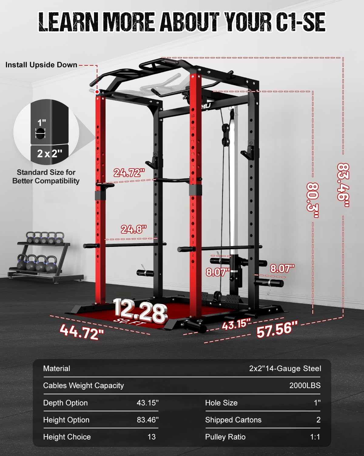 Goimu C1-V4 Power Cage, 2000LBS Squat Rack with LAT Pulldown, Multi-Function Weight Cage Strength Training Machine, Workout Cage with More Attachments for Home Gym Garage (C1-SE RD)