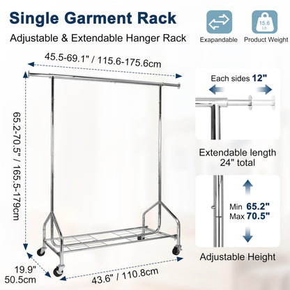 Whitmor Heavy Duty Clothes Rack, Rolling Garment Rack with Lockable Wheels, Adjustable & Extendable Metal Clothing Rack Shelves with Bottom Shelf, Max Load 450LBS for Hanging Clothes, Chrome