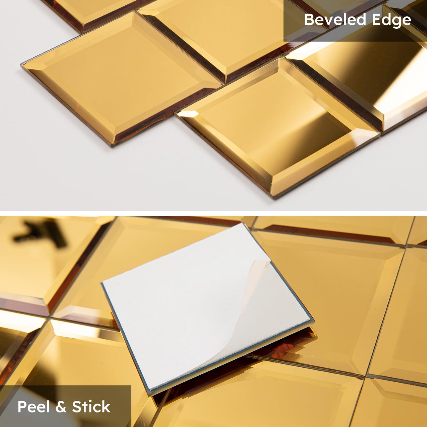 Diflart Peel and Stick Mirror Backsplash, Gold, 3x3 Inch, Beveled Mirror Square Kitchen Bar Wall Tile (2 Sq.ft, 32 Pcs)