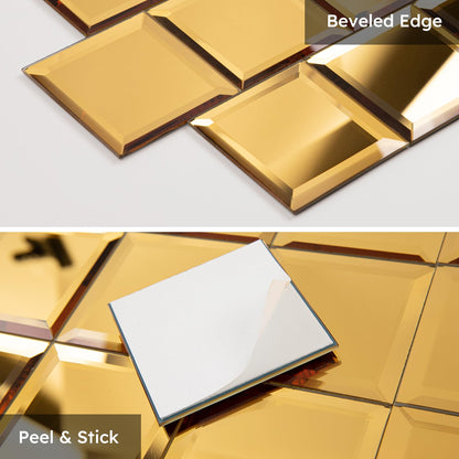 Diflart Peel and Stick Mirror Backsplash, Gold, 3x3 Inch, Beveled Mirror Square Kitchen Bar Wall Tile (2 Sq.ft, 32 Pcs)