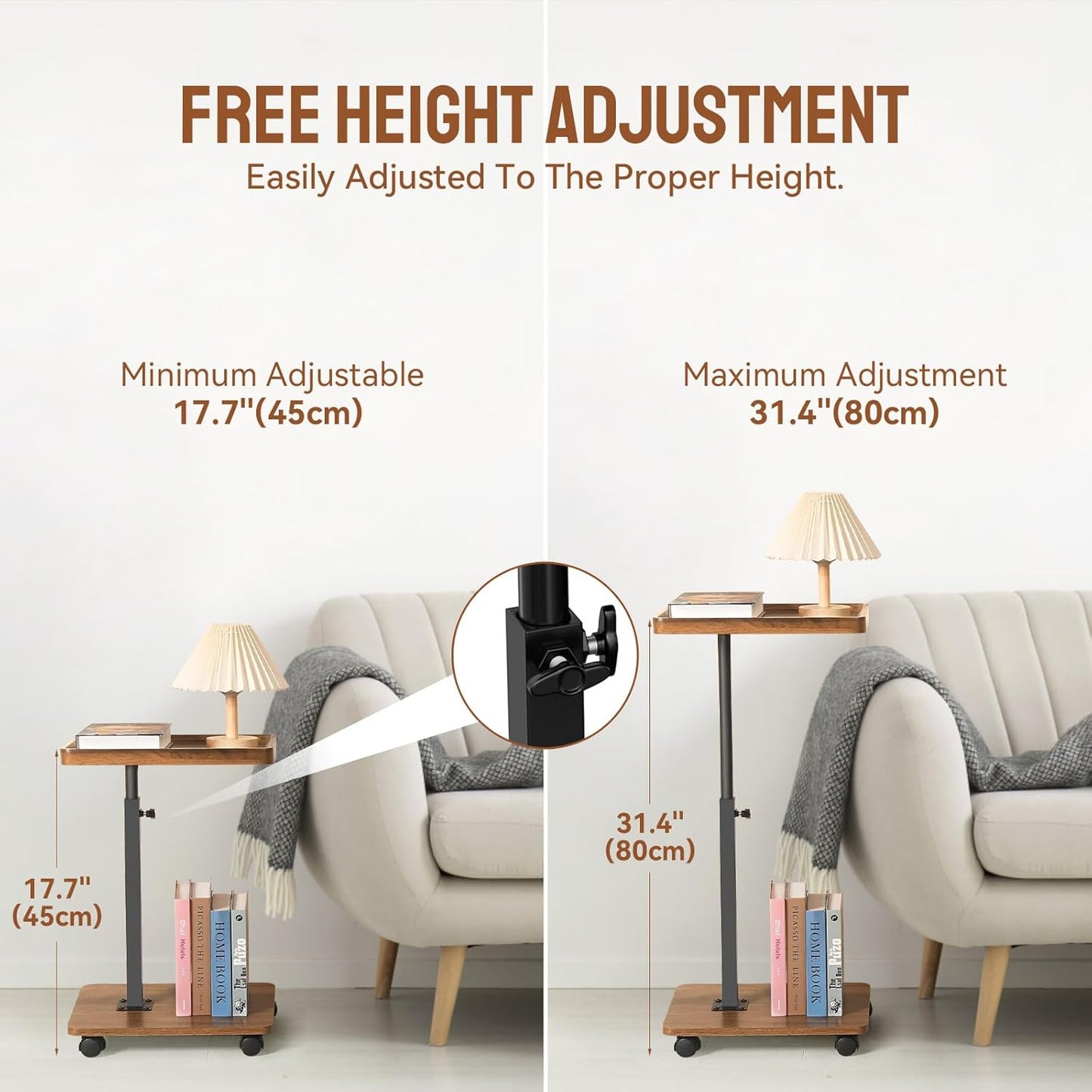 360 Adjustable C Shaped Side Table, C Table End Table with Wheels for Sofa, Swivel Sofa Table
