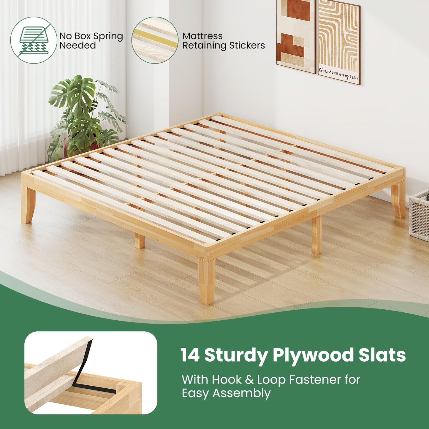 KOMFOTT 14 Inches Wood Platform Bed Frame King Size, Wooden Mattress Foundation with Rubber Wood Frame, Strong Wooden Slats Support, No Box Spring Needed, Bed Frame (Natural)