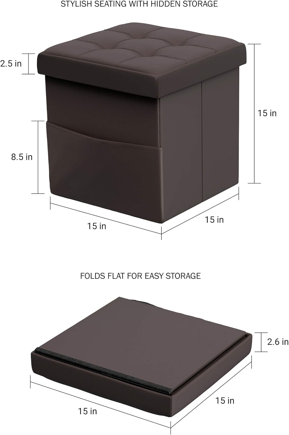 Lavish Home Foldable Storage Cube Ottoman with Pocket Tufted Faux Leather Footrest Organizer for Bedroom, Living Room