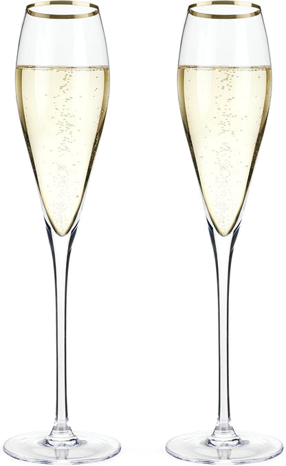 Viski Gold-Rimmed Crystal Champagne Flutes, Stemmed Wine Martini Glass Set, Housewarming Wedding Wine Gift - Set of 2,