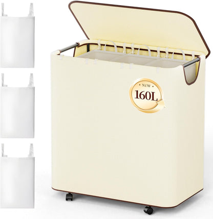 160L 3 3 LAMU Laundry Basket with Wheels, Rolling Laundry hamper with Lid and Removable Laundry Bag, Beige Large