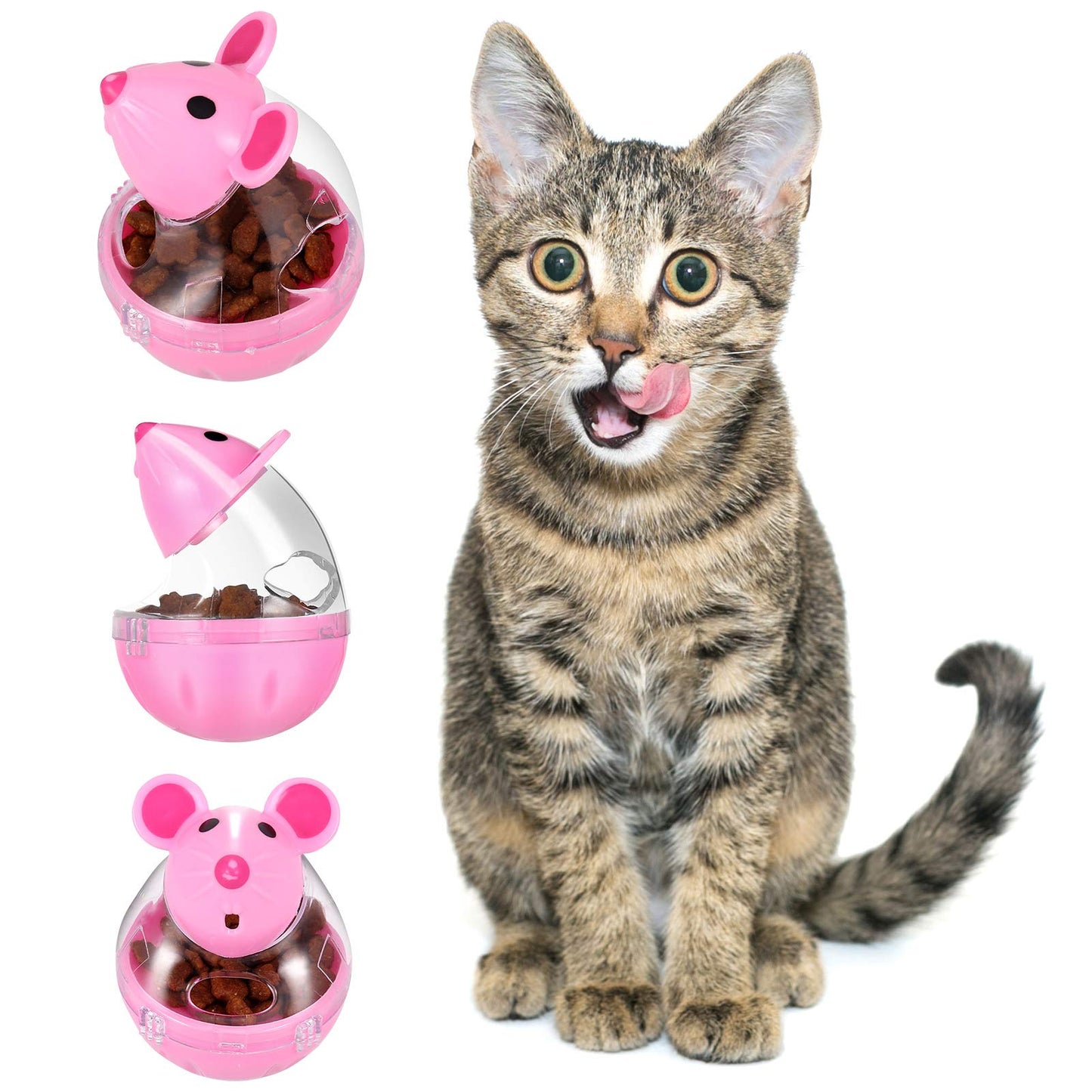 Lightbox Cat Food Ball Dispenser - 4 Pcs Slow Feeder Mice Shaped Tumbler Toy for Interactive Training (Pink, White)