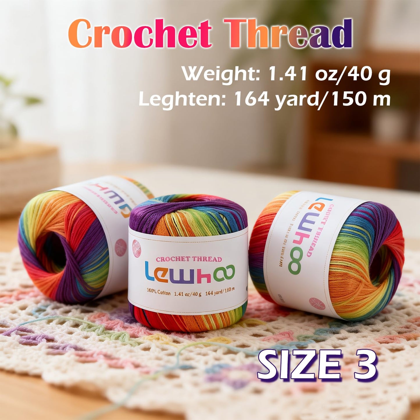 Lewhoo Crochet Thread Size 3, 3 Pack 100% Cotton Lace Yarn Set, 40g Balls Yarn for Hand Knitting Rainbow