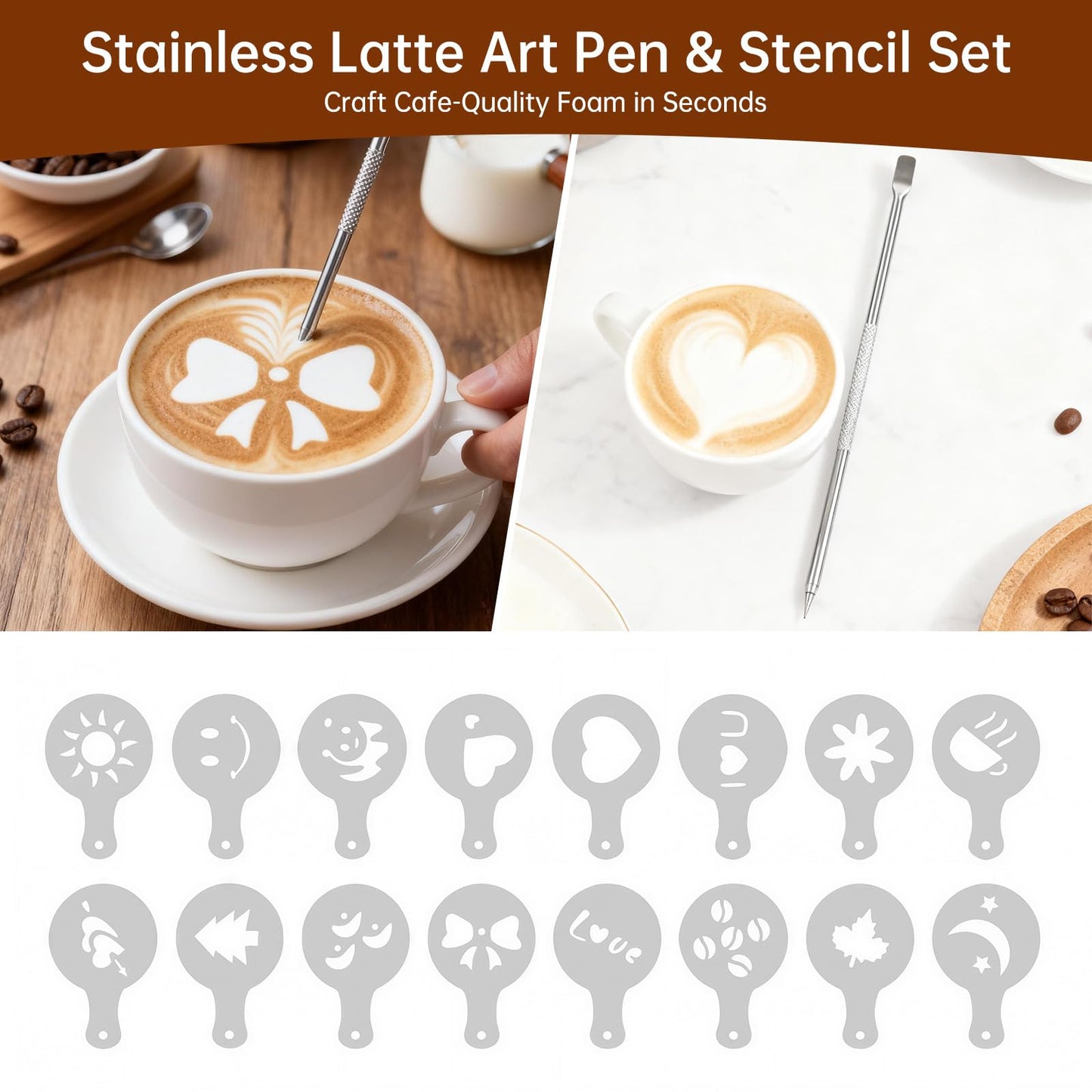 YAQUHO 9 Pcs Espresso Accessories Kit, 51mm Espresso Tamper Tools, with Wooden Espresso Tamping Station, Distributor, Stirrer, Dosing Funnel,Puck Screen, Brush, Latte Art Pen and Decorative Stencils
