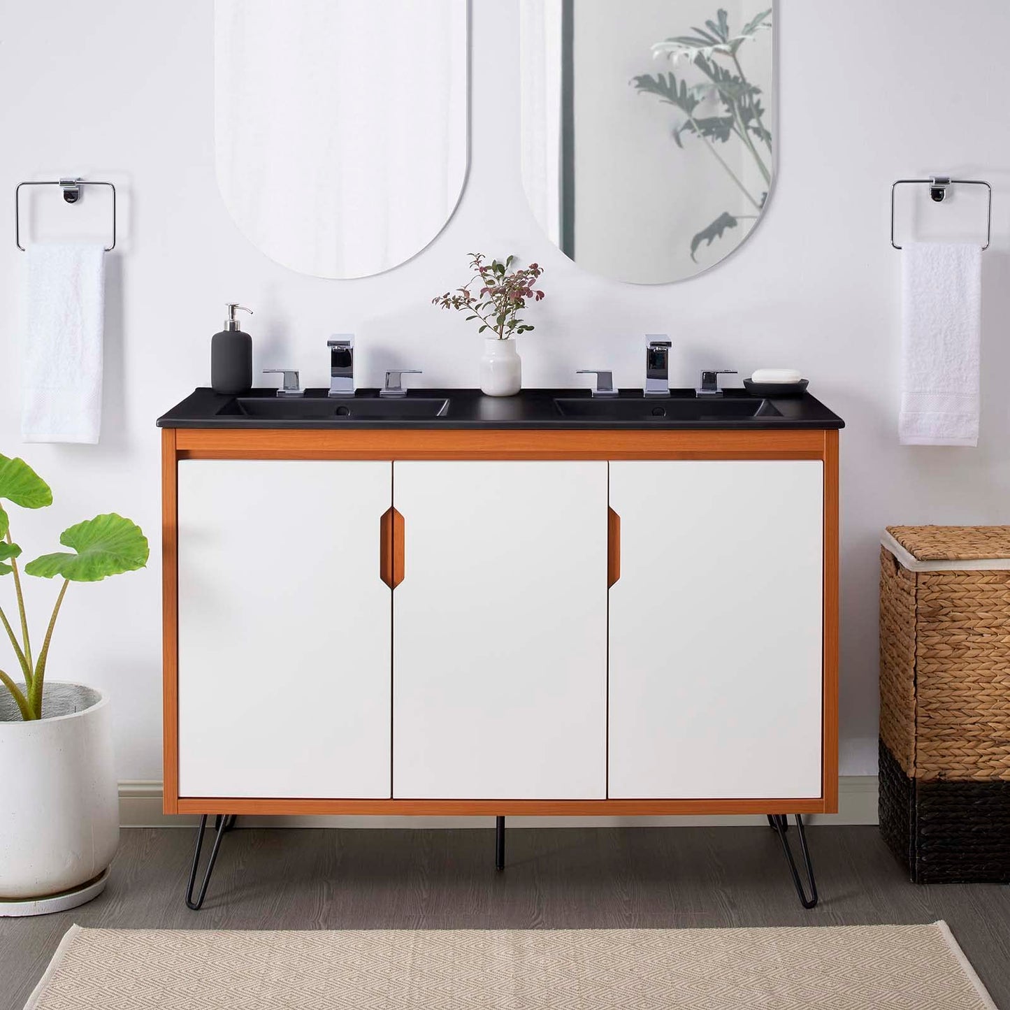 Modway Energize 48" Mid-Century Bathroom Vanity Cabinet with Ceramic Sink Basin Combo in Cherry White Black