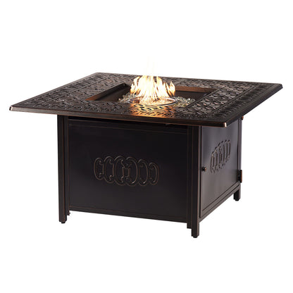 Oakland Living Aluminum 57,0000 BTU 42 in. Square Propane Black Fire Pit Table with Fire Beads, Lid, Propane Tank Cover and Table Fabric Covers in Copper Finish
