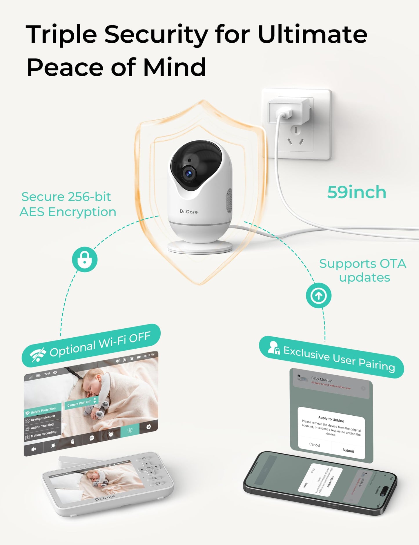 Dr.Care VistaView Lite Smart WiFi Baby Monitor - 4” 720P Split Screen & 1080P Camera App Control, Motion Alerts, HD Night Vision, 3000mAh Battery, 2-Way Talk, Multi-User, Triple Security, 1000ft Range