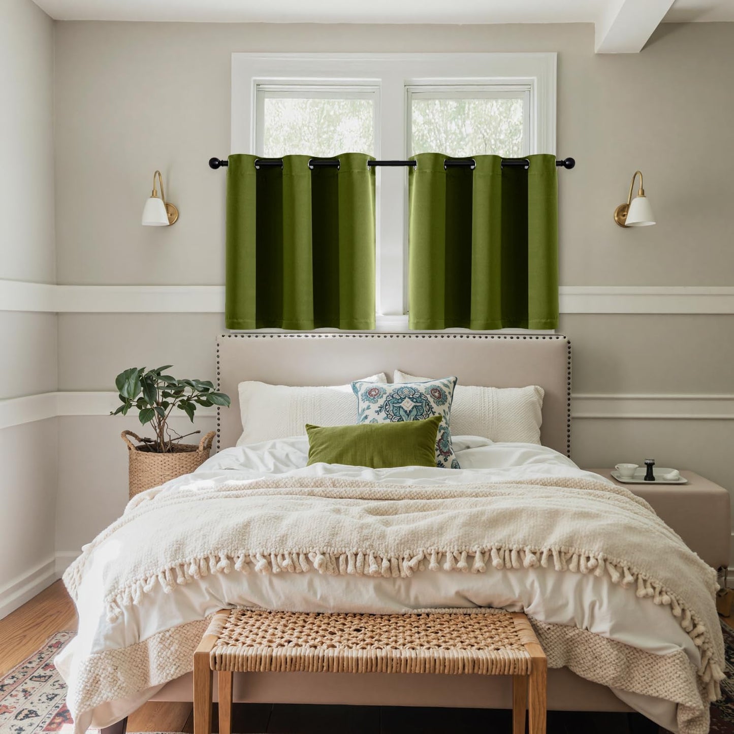 MIULEE Short Curtains - Light Olive Green Blackout Thermal Insulated Drapes | 2 Panels 40"x36" for Kitchen & Bedroom