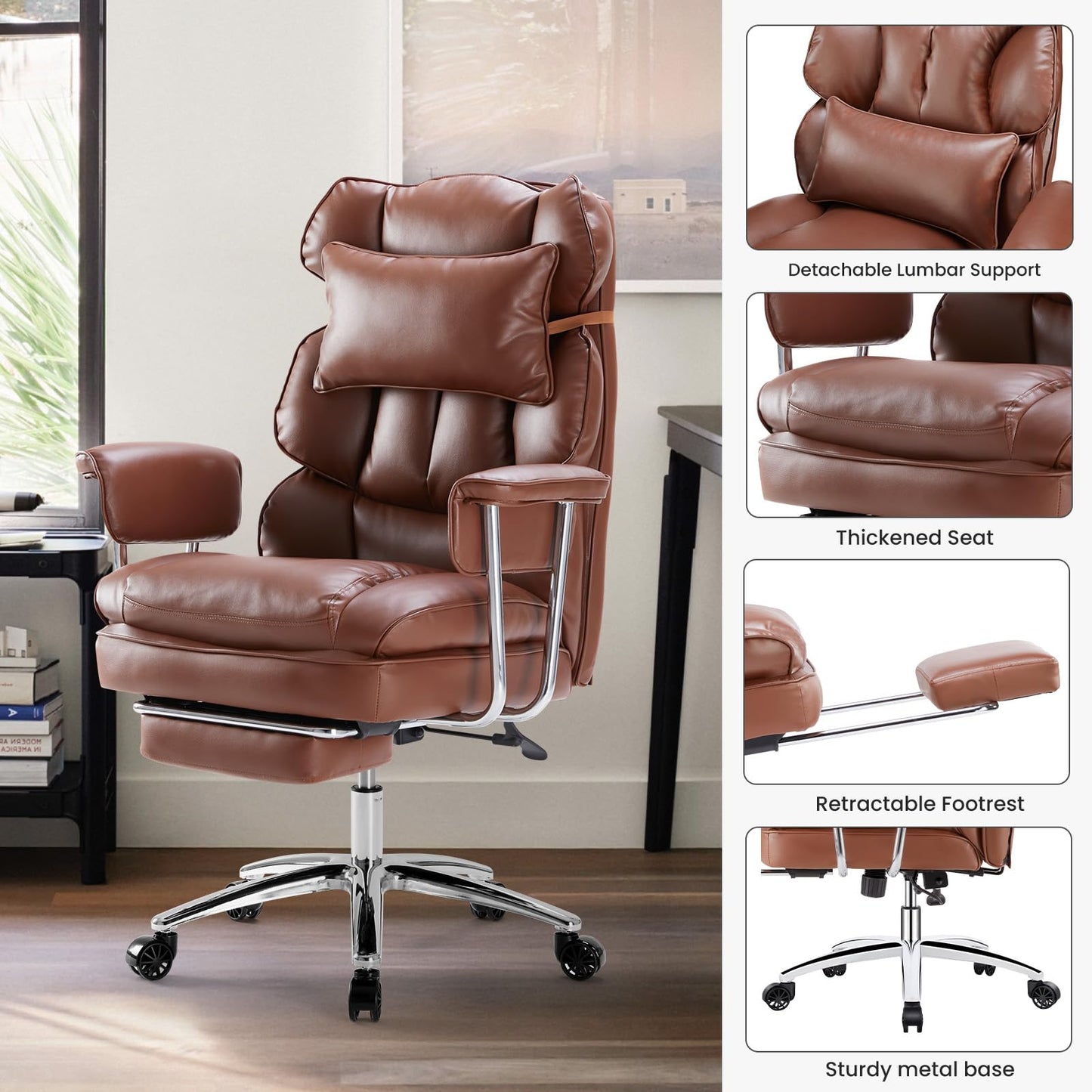 OLIXIS Home Office Desk Chair Comfy with Foot Rest, PU Leather Ergonomic Big and Tall High Back Support, 360° Swivel Wheels, Armrests and Detachable Pillow, Height Adjustable, Brown