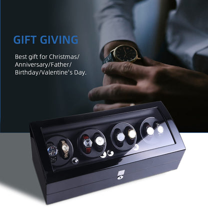 Luxury 4 Motor Quad Watch Winders for Automatic Watches, Safe & Wooden Display Box Case 8+9 Storage (Black)