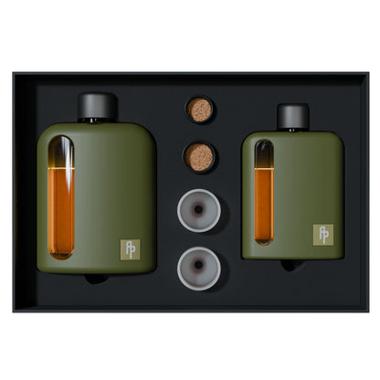 Ragproper Modern Glass Hip Flask for Men | Cork & Silicone Lid Liners | Firm Grip | Curved Edges | Durable Silicone Covered Flask for Whiskey | Liquor | Sprits | 100ml Single+ 240ml Double | Green