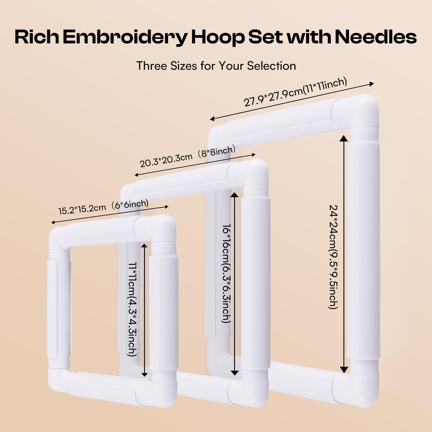 Caydo 3 PCS Square Embroidery Hoops, Plastic Cross Stitch Snap Frames with Sewing Needles for Quilting, Needlepoint & Silk-Painting 6 x 6, 8 x 8, 11 x 11 in(White)