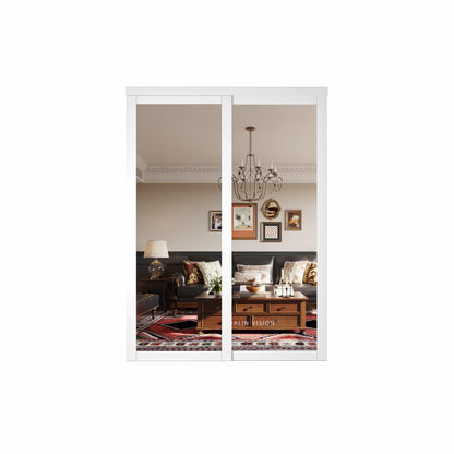 SOLRIG Closet Doors, 60"(Double 30.98") x 80" Mirror Closet Doors,1-Lite Mirror Sliding Door with Hardware Track Kit & Floor Guide, Finished Doors 2 Panels, MDF, White
