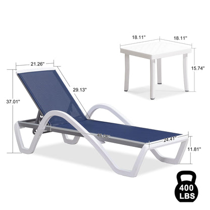 PURPLE LEAF Patio Chaise Lounge Chair Set of 3 Outside Aluminum Plastic Stackable Tanning Chairs with Armrests and Side Table for Pool Sunbathing Beach Deck Outdoor Lounger, Navy Blue