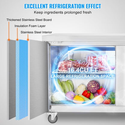 VEVOR 60" Commercial Refrigerator Sandwich & Salad Prep Table, 16.4 Cu. Ft Stainless Steel Refrigerated Food Prep Station with 2 Doors, Frost Free Refrigerator with Lock for Restaurant, Bar, Store
