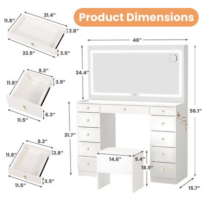 Pamapic Glass Top Vanity Desk with Crystal Handles, 11 Drawers Makeup Vanity with Mirror and Stool, 3 Lighting Modes Dressing Table, Power Outlet, Silent Slides, White
