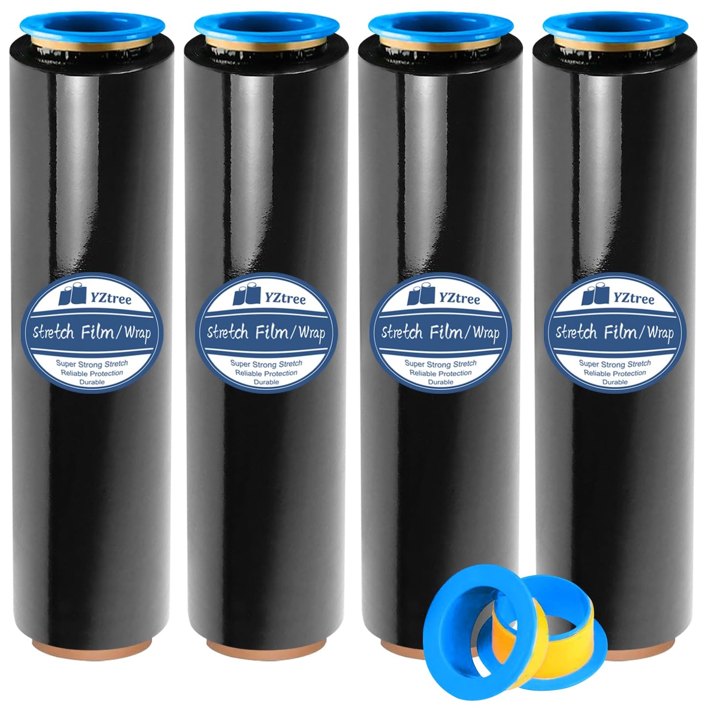 Black Pallet Wrap Stretch Film: 4 Pack Moving Wrapping Plastic Roll with 2 Handles, 18" Strength up to 800%, 80 Gauge Thick Shrink Wrap Roll for Pallet Packaging, Transportation, Stability, Protection