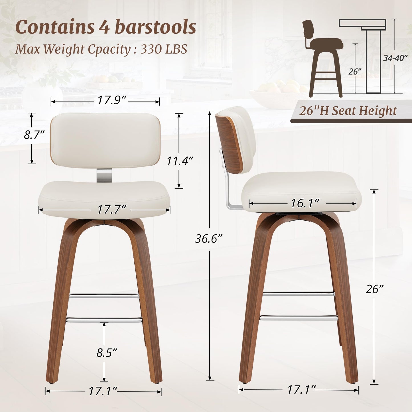 Cozyman Swivel Counter Height Bar Stools Set of 4, 26" Upholstered Seat Barstools with Back Walnut Wood Legs, Mid-Century PU Leather Bar Stools with Footrest for Island/Kitchen/Counter/Bar, White
