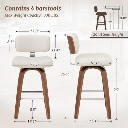 Cozyman Swivel Counter Height Bar Stools Set of 4, 26" Upholstered Seat Barstools with Back Walnut Wood Legs, Mid-Century PU Leather Bar Stools with Footrest for Island/Kitchen/Counter/Bar, White