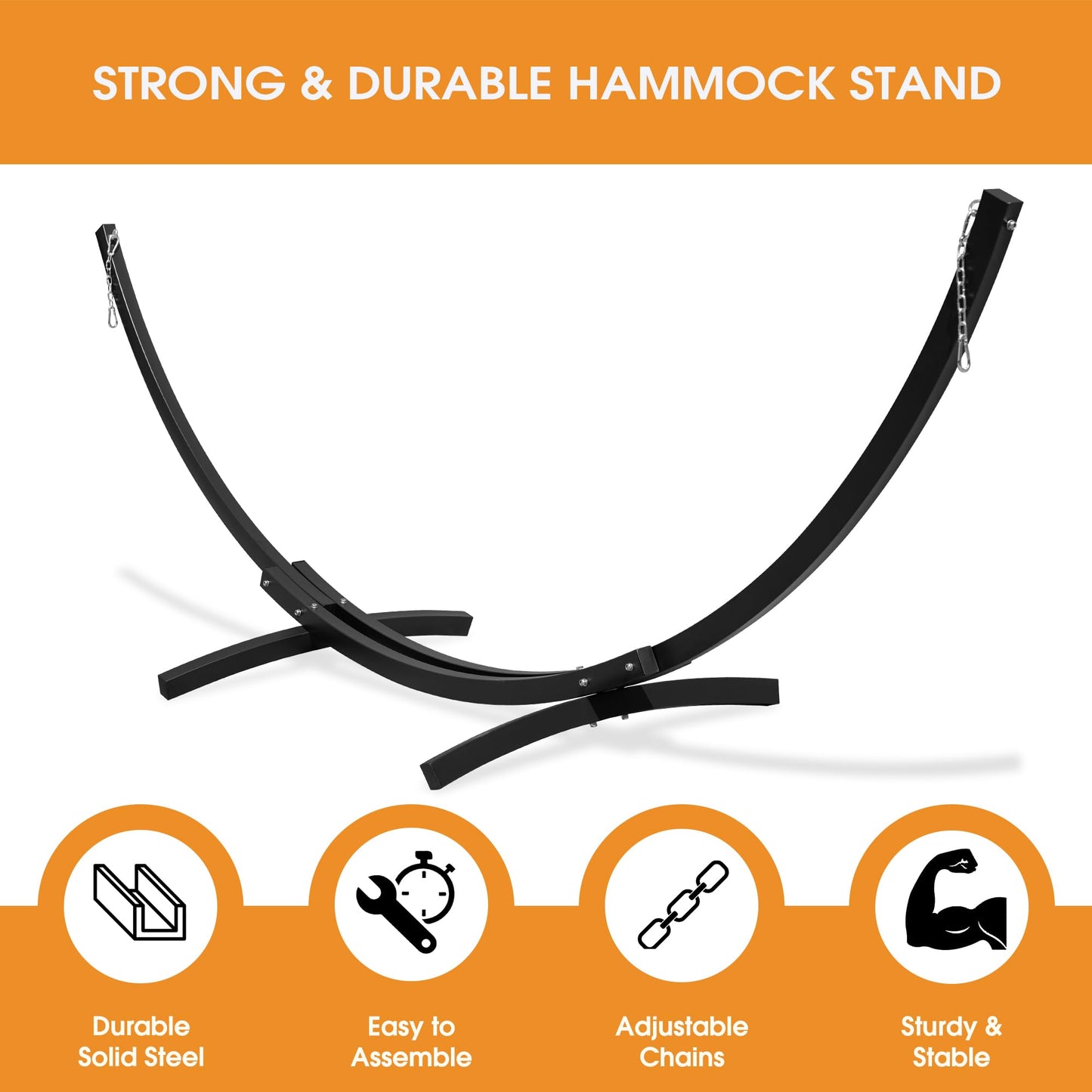 Lazy Daze Hammocks 12 Ft Heavy Duty Steel Arc Hammock Stand with Carabiner and Chain, 2 Person Weather-Resistant Curved Stand for Outside, Backyard, Patio, 500 Lbs Capacity, Wood Grain