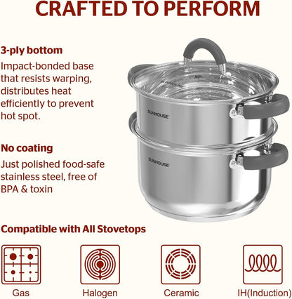 SUNHOUSE 3 Quarts Steamer Pots With Lid, 2-Tier Multipurpose Stainless Steel Steaming Pot Cookware With Stay-Cool Handles, Tri-ply Bottom, Compatible with All Cooktops