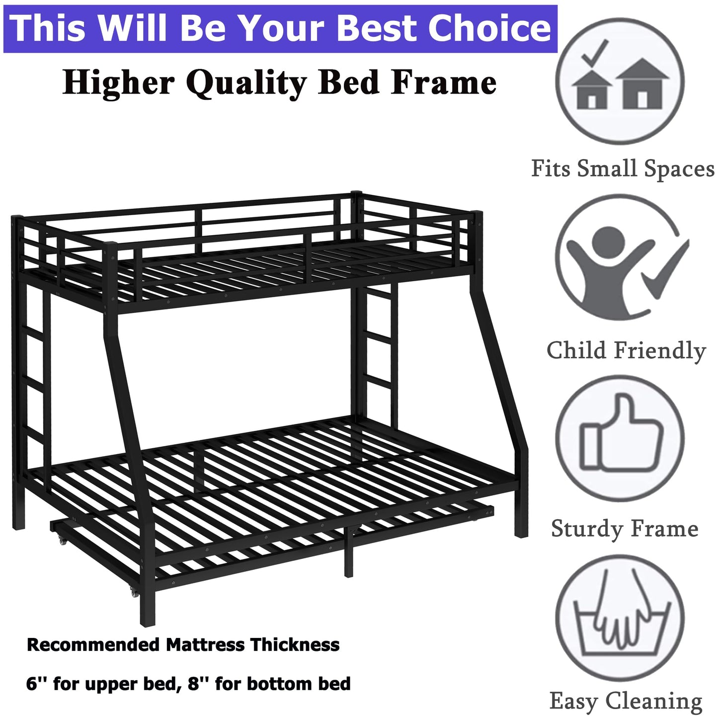 Heavy-Duty Metal Twin XL Over Queen Bunk Bed with Trundle for Teens Adults,Higher Quality Steel Queen Size BunkBed with 2 Vertical Ladders ,Noise Free for Small Bedroom, Weight Capacity 700LBS (Black)
