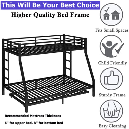 Heavy-Duty Metal Twin XL Over Queen Bunk Bed with Trundle for Teens Adults,Higher Quality Steel Queen Size BunkBed with 2 Vertical Ladders ,Noise Free for Small Bedroom, Weight Capacity 700LBS (Black)