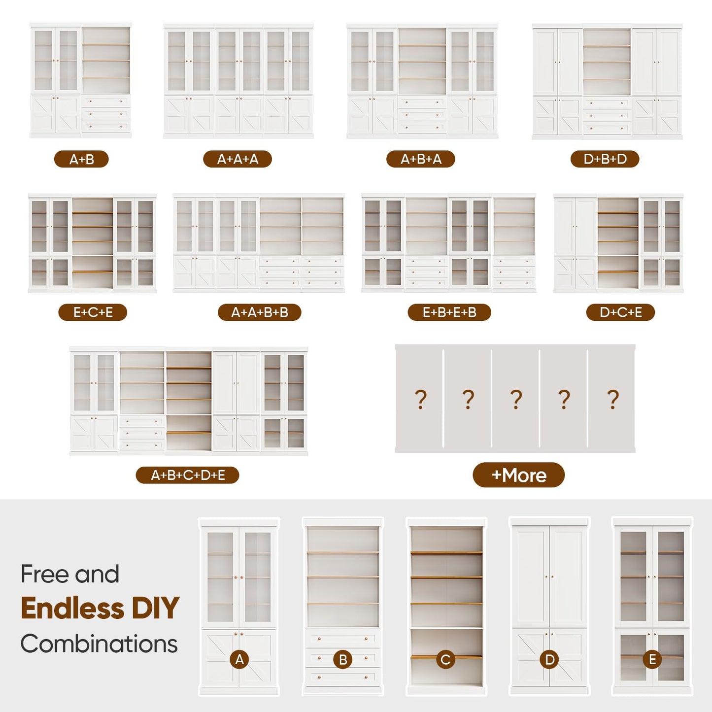 ivaniti 70.8" Bookshelf with Glass Doors, Farmhouse Modular Bookcase with 6-Tier Adjustable Shelves, Large Storage Cabinet for Living Room & Home Office, Set of 3, White