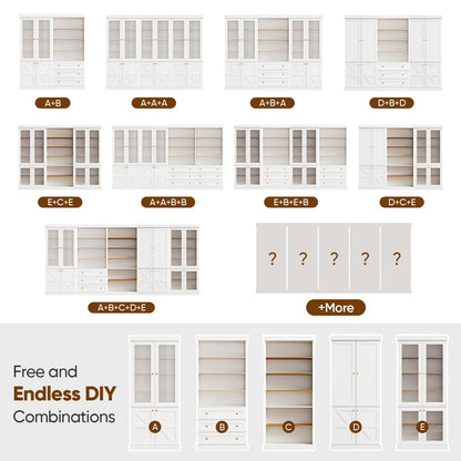 ivaniti 70.8" Bookshelf with Glass Doors, Farmhouse Modular Bookcase with 6-Tier Adjustable Shelves, Large Storage Cabinet for Living Room & Home Office, Set of 3, White