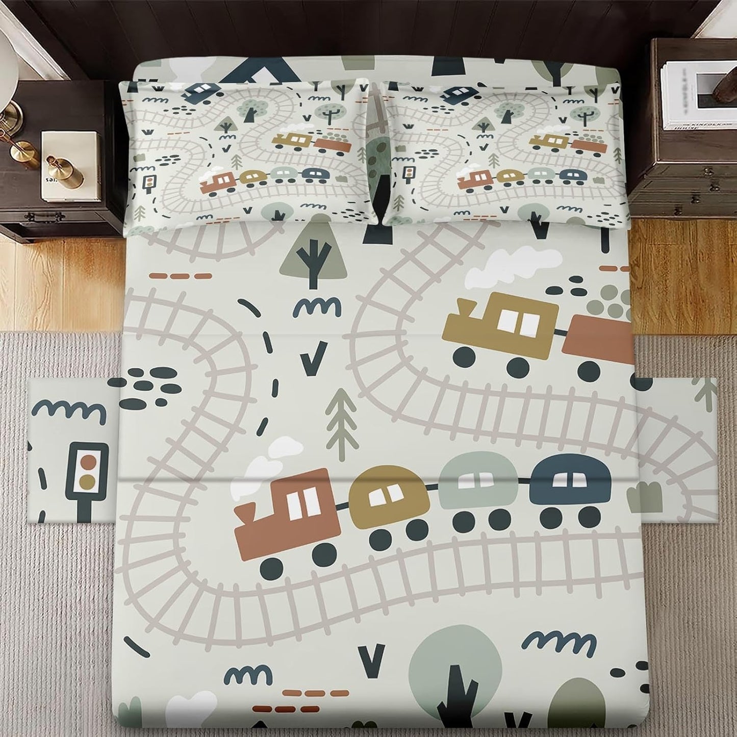 4 Set Sets Pcs Fitted Sheet Full Size, Cute Baby Car Train Road Map, Bed Decor Funny Nursery Cartoon Forest Traffic