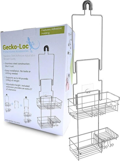 Gecko-Loc Extra-Long Adjustable Shower Caddy - Rustproof Stainless Steel Organizer with Suction Stabilizer & Hooks | No-Drill Installation (Silver)