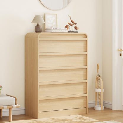 Garvee 5 Drawer Dresser for Bedroom, 45" Tall Wooden Dressers with Curved Profile Design, Mid Century Chest of Drawers Closet Clothes Storage Organizer for Living Room, Entryway, Nursery, Natural