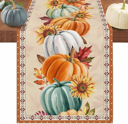 LooPoP 13x36 Inches Thanksgiving Fall Pumpkin Table Runners Maple Leaf Orange Lattice Long Washable Table Runner