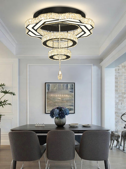 Flashing God Modern Crystal Chandeliers Dia 24" Black Chandelier Flush Mount Ceiling Light for Bedroom Living Room Dining Room Hallway Dimmable 3 Rings LED Celing Lighting Fixtures