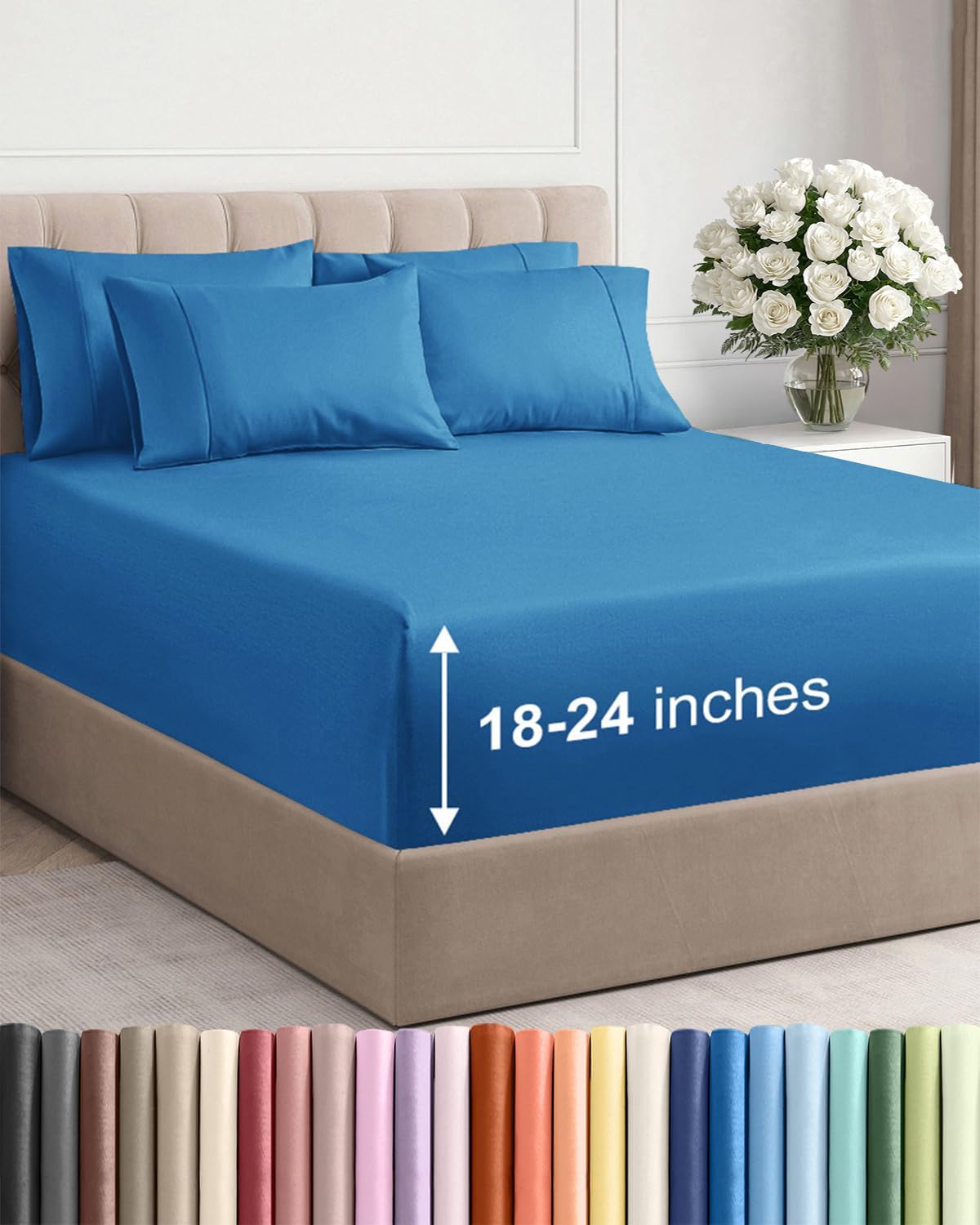 Skiennix Extra Deep Queen Sheet Set - 6-Piece Breathable Cooling Bedding - Soft, Wrinkle-Free Denim Blue