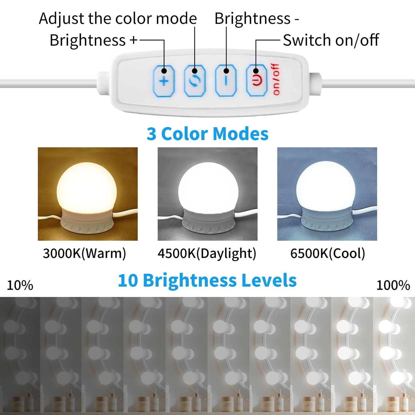 LED Vanity Mirror Lights with 12 Stick On Dimmable Bulbs, 3000K 4500K 6500K & 10 Brightness Levels Adjustable, Plug in USB Cable, Hollywood Style Mirror Lights for Makeup Desk Bathroom Dressing Room