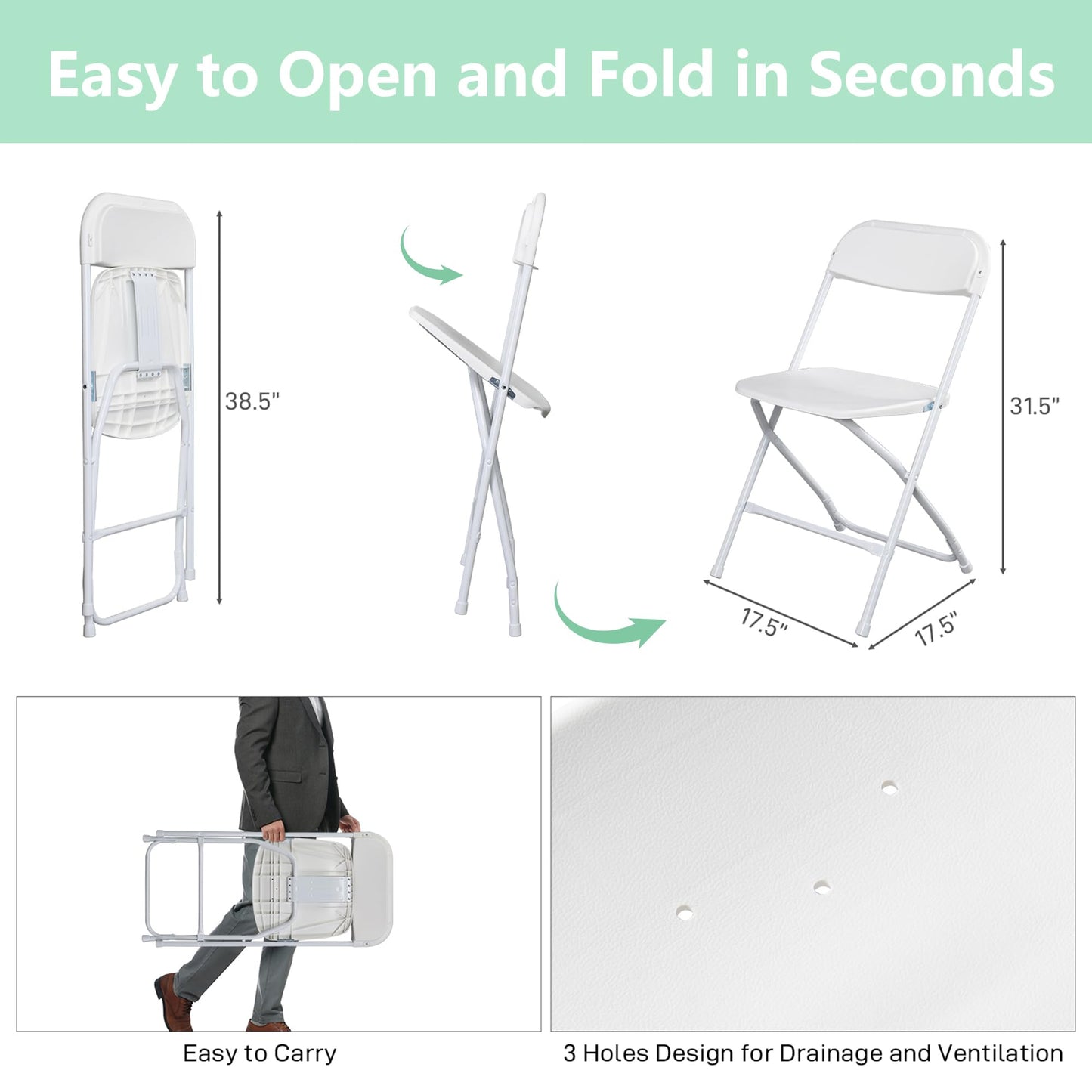 OLLODOT 20 Pack White Folding Chairs with 350-LBS Capacity, Foldable Portable Indoor Outdoor Chairs, Stackable Commercial Seat with Steel Frame for Office, Party, Events, Wedding, Kitchen &Dinning