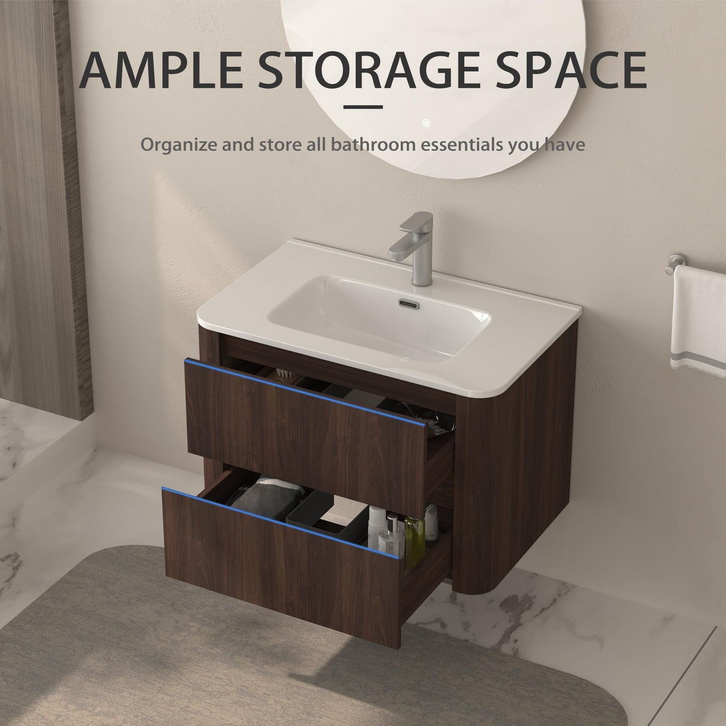 GDFStudio 30" Wall Mounted Bathroom Vanity with Sink,Floating MDF Cabinet with Soft-Close Double Drawers,Vanity with White Ceramic Integrated Basin, Modern Space-Saving Bathroom Storage,Dark Walnut