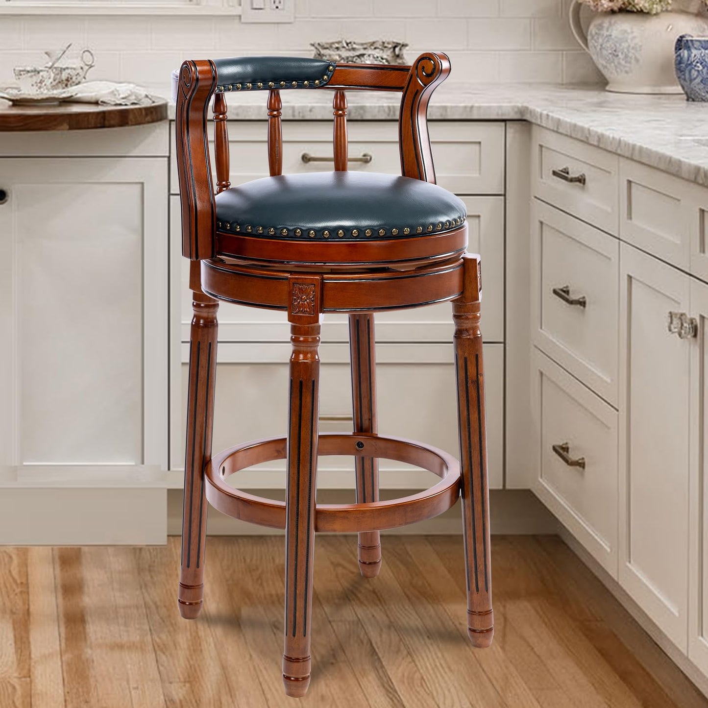 CozyRain Bar Stools Modern Swivel Barstools,Kitchen Counter Genuine Leather Upholstered Island Barstool with Footrest for Home Kitchen Dining Room (Navy, Seat Height 29.5 in)
