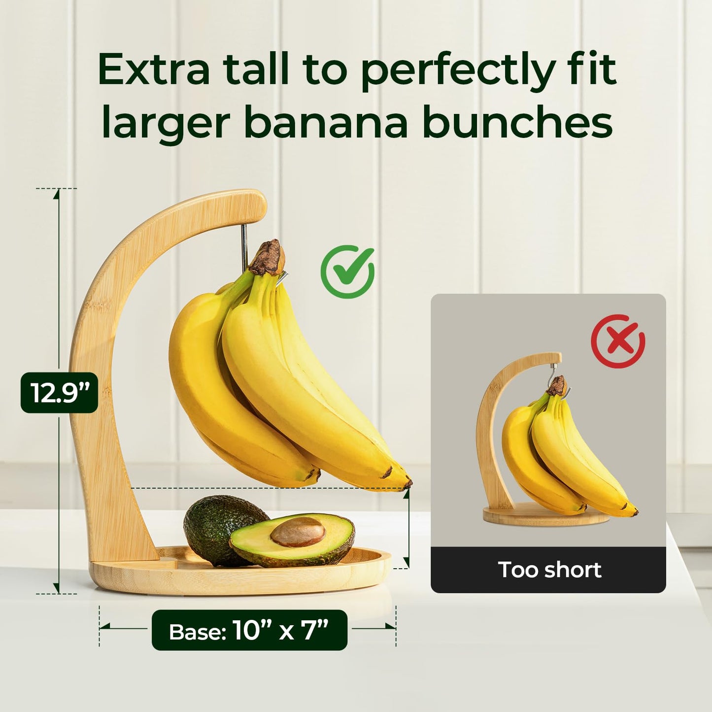 keechee Premium Bamboo Banana Holder with Fruit Tray, Extra Tall 12.9" Banana Hanger Stand for Kitchen Countertop, Sturdy Banana Hook Keeps Fruit Fresh & Bruise-Free, Easy Assembly