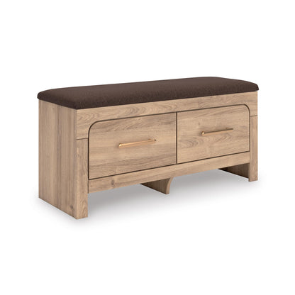 Signature Design By Ashley Hollymount Upholstered Bedroom Storage Bench, Two Drawers, Bronze Hardware, Wood/Fabric, 43.62" W x 15.75" D x 20" H, Tan/Brown