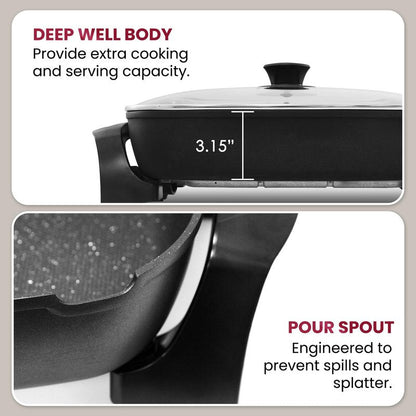 Elite Gourmet EG-6203X Extra Deep 16"x13"x3.2" (10.5Qt.) Scratch Resistant, Easy Pour Spout, Dishwasher Safe, Non-stick Electric Skillet with Vented Glass Lid, Adjustable Temperature, Black